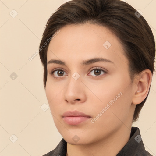 Neutral white young-adult female with medium  brown hair and brown eyes