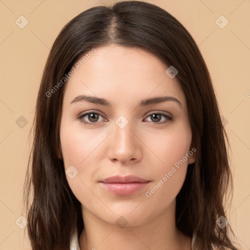 Neutral white young-adult female with long  brown hair and brown eyes