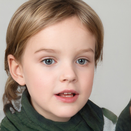 Neutral white child female with medium  brown hair and blue eyes