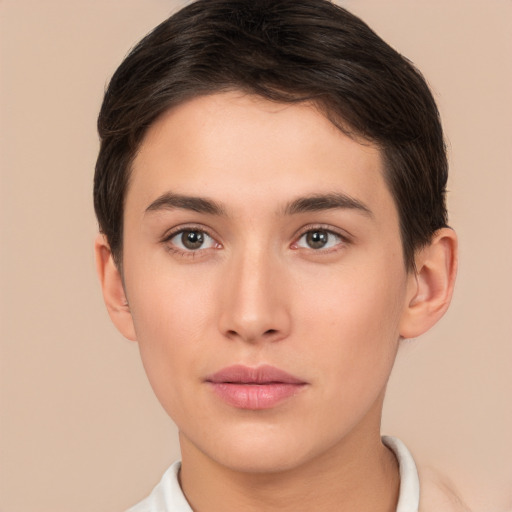 Neutral white young-adult female with short  brown hair and brown eyes