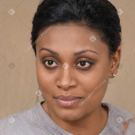 Joyful black young-adult female with short  brown hair and brown eyes