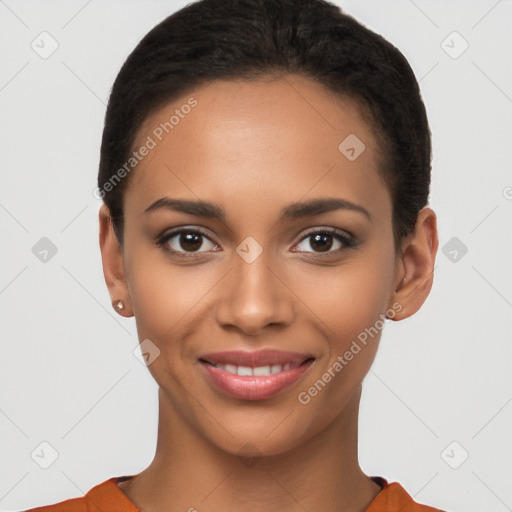 Joyful latino young-adult female with short  brown hair and brown eyes