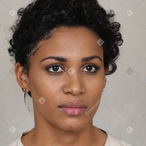 Neutral black young-adult female with short  black hair and brown eyes