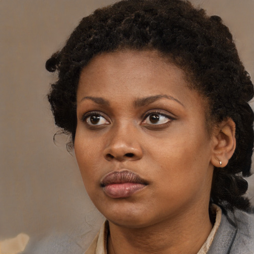 Neutral black young-adult female with medium  brown hair and brown eyes