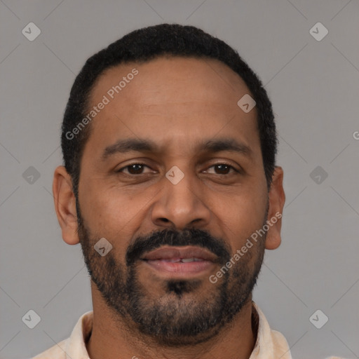 Neutral latino adult male with short  black hair and brown eyes