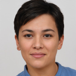 Joyful asian young-adult female with short  brown hair and brown eyes