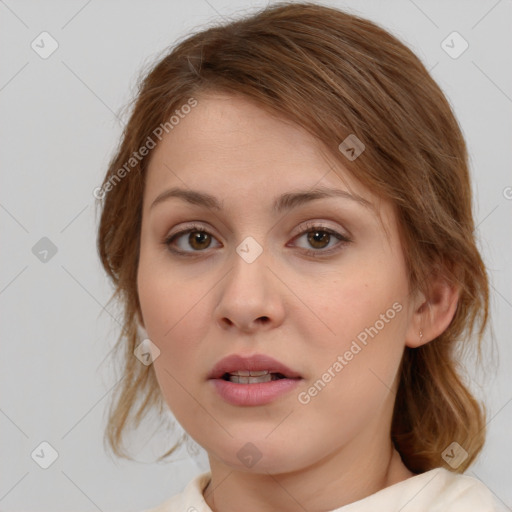 Neutral white young-adult female with medium  brown hair and brown eyes