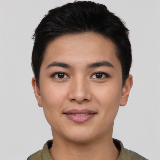 Joyful asian young-adult female with short  black hair and brown eyes