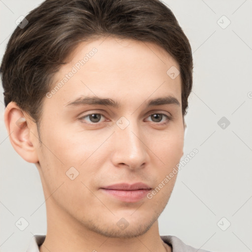 Neutral white young-adult male with short  brown hair and brown eyes