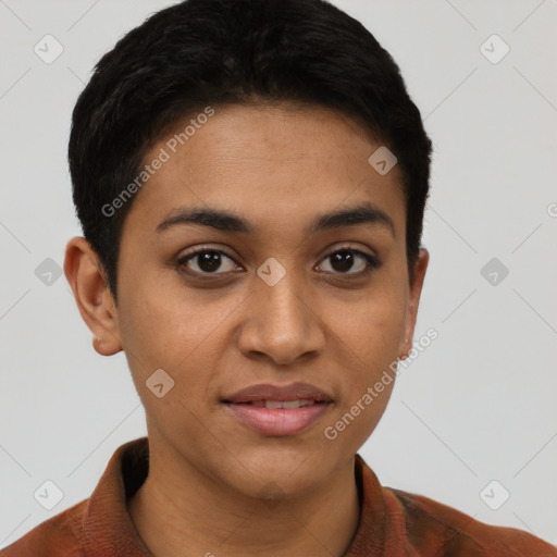 Joyful latino young-adult female with short  brown hair and brown eyes