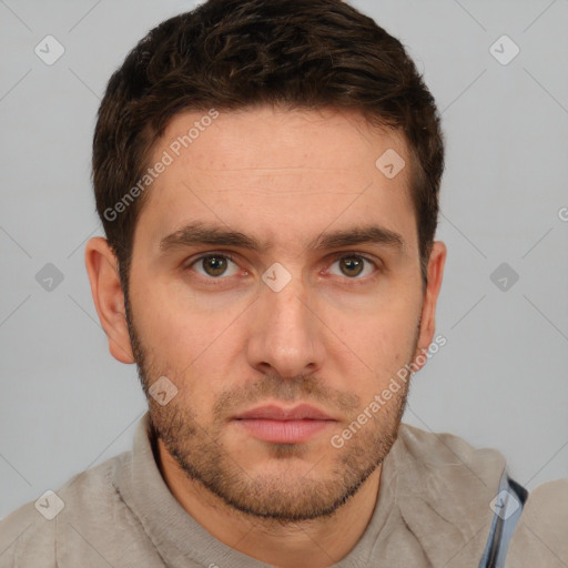 Neutral white young-adult male with short  brown hair and brown eyes