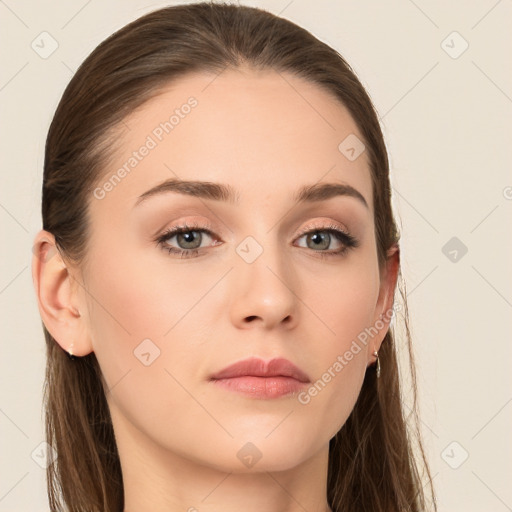 Neutral white young-adult female with long  brown hair and brown eyes