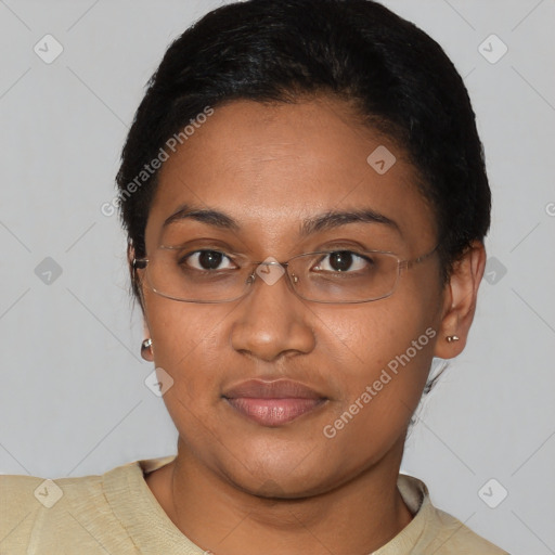 Joyful asian young-adult female with short  black hair and brown eyes