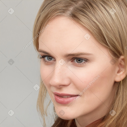 Neutral white young-adult female with long  brown hair and grey eyes