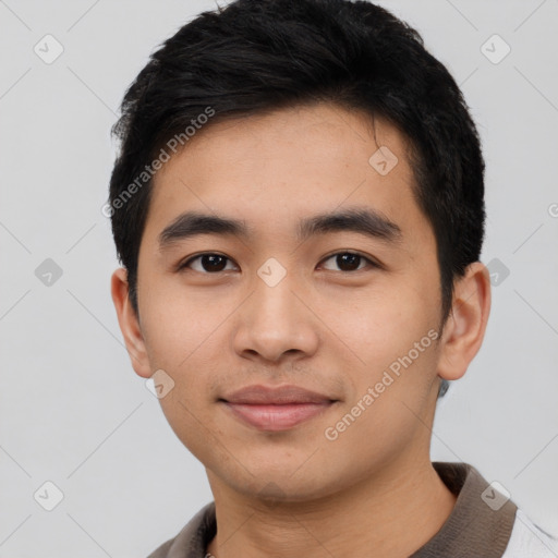Neutral asian young-adult male with short  black hair and brown eyes