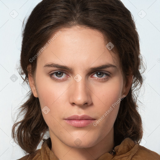 Neutral white young-adult female with medium  brown hair and brown eyes