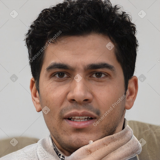 Neutral white young-adult male with short  black hair and brown eyes