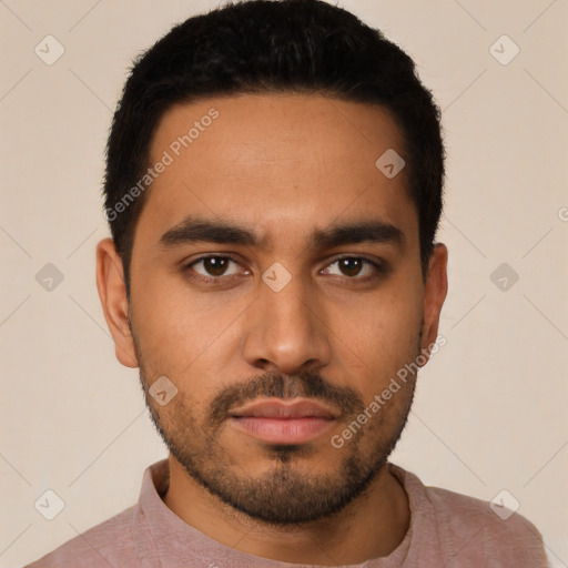 Neutral latino young-adult male with short  black hair and brown eyes