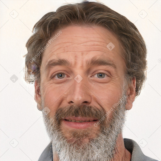 Joyful white middle-aged male with short  brown hair and grey eyes