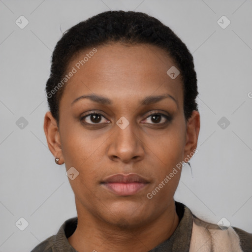 Neutral latino young-adult female with short  brown hair and brown eyes