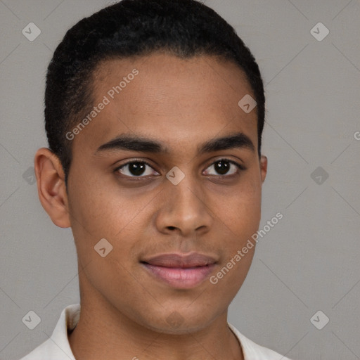 Joyful black young-adult male with short  brown hair and brown eyes