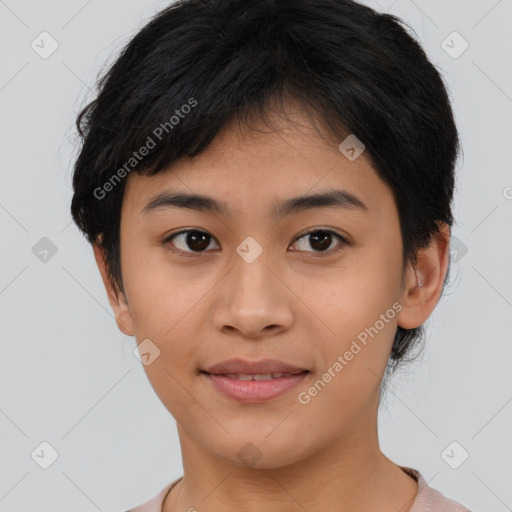 Joyful asian young-adult female with short  brown hair and brown eyes