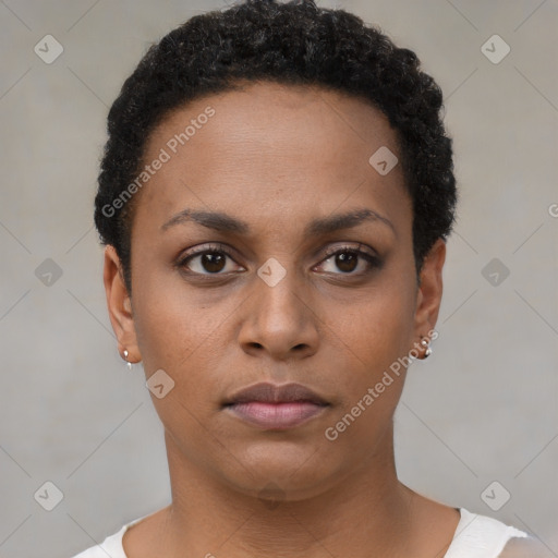 Neutral black young-adult female with short  brown hair and brown eyes