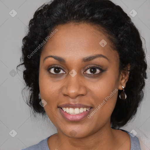 Joyful latino young-adult female with long  black hair and brown eyes