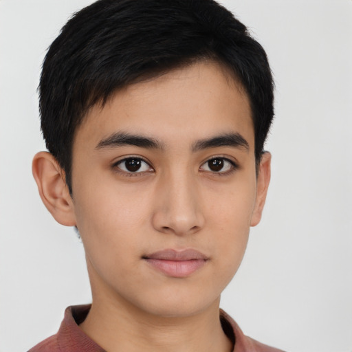 Neutral asian young-adult male with short  brown hair and brown eyes