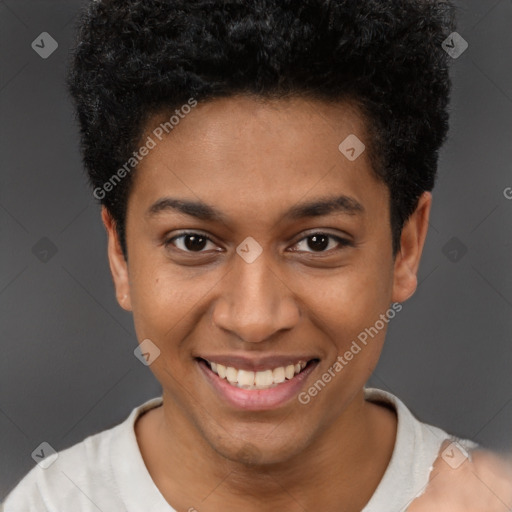 Joyful latino young-adult male with short  brown hair and brown eyes