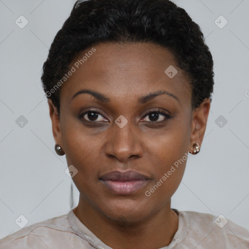 Neutral black young-adult female with short  brown hair and brown eyes