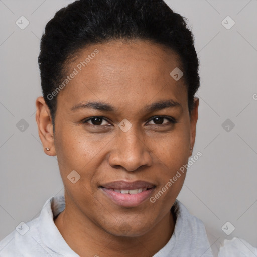 Joyful black adult female with short  brown hair and brown eyes