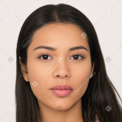 Neutral latino young-adult female with long  brown hair and brown eyes