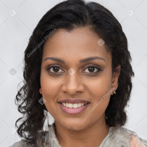 Joyful black young-adult female with medium  brown hair and brown eyes