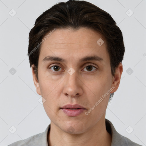 Neutral white adult male with short  brown hair and brown eyes