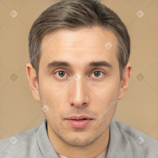 Neutral white young-adult male with short  brown hair and brown eyes