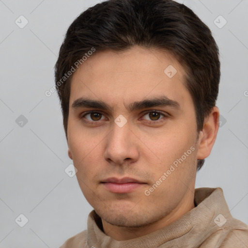 Neutral white young-adult male with short  brown hair and brown eyes