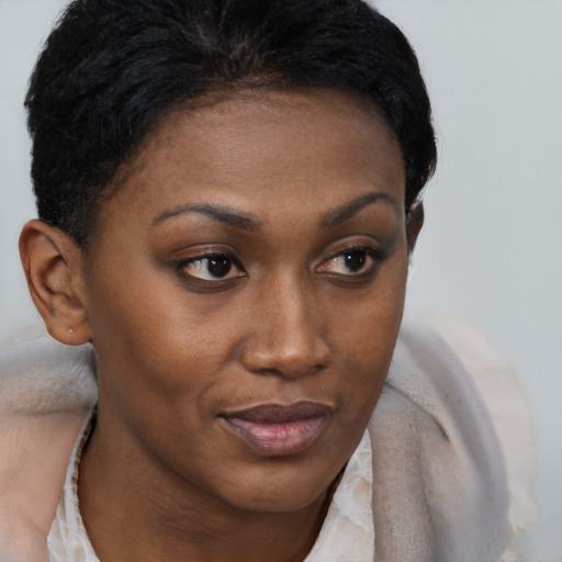 Joyful black young-adult female with short  brown hair and brown eyes