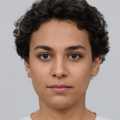 Neutral white young-adult female with short  brown hair and brown eyes