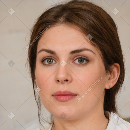 Neutral white young-adult female with medium  brown hair and brown eyes