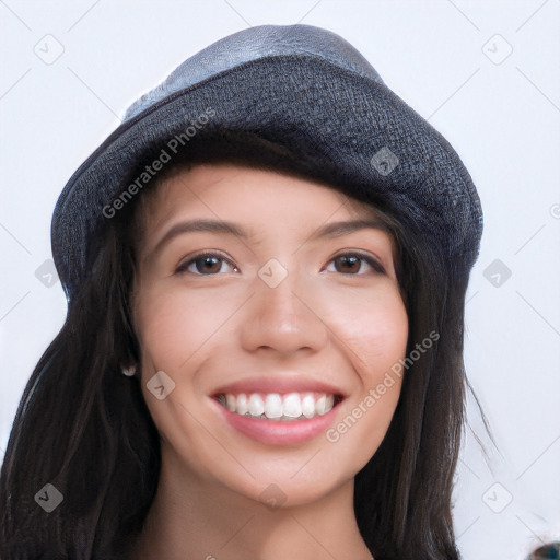 Joyful white young-adult female with long  black hair and brown eyes