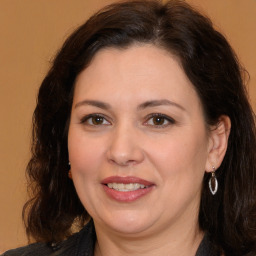 Joyful white adult female with medium  brown hair and brown eyes