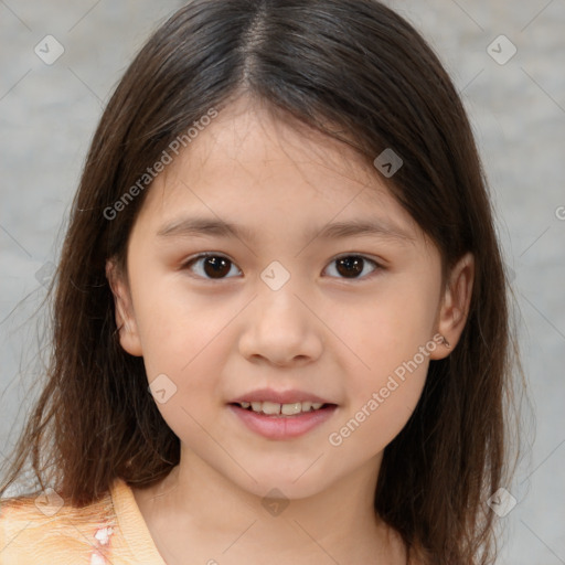 Joyful white child female with medium  brown hair and brown eyes