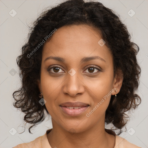 Joyful black young-adult female with medium  brown hair and brown eyes