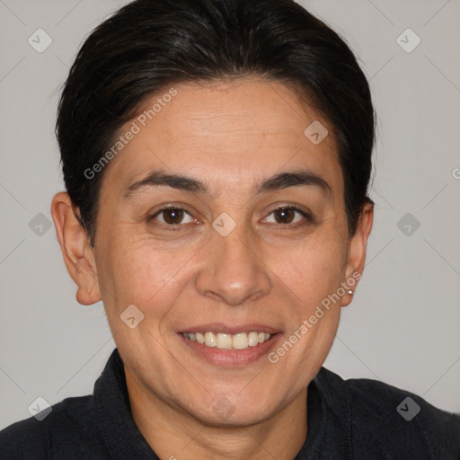 Joyful white adult female with short  brown hair and brown eyes