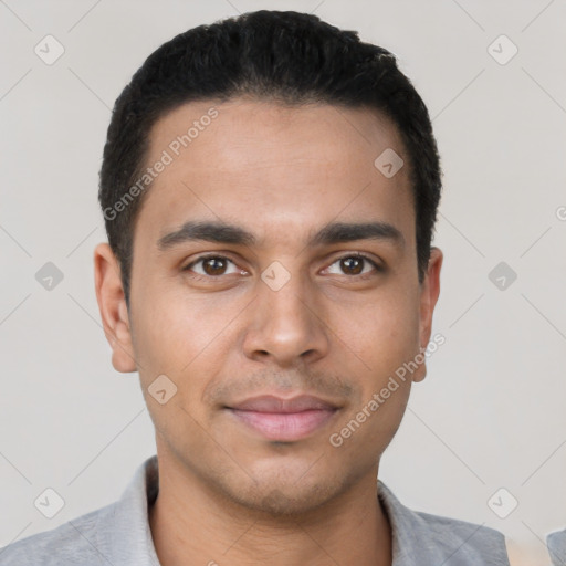 Neutral latino young-adult male with short  black hair and brown eyes