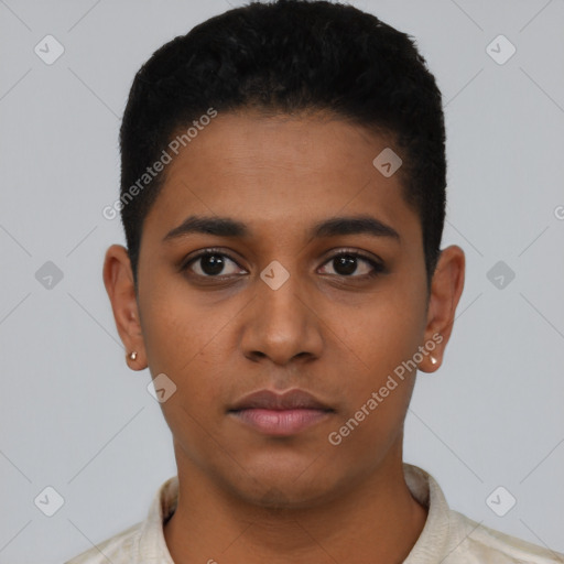 Neutral latino young-adult male with short  black hair and brown eyes