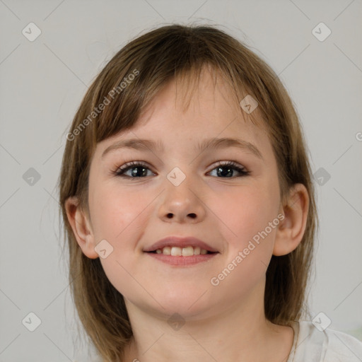 Joyful white child female with medium  brown hair and brown eyes