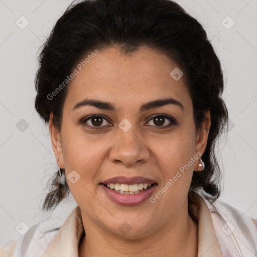 Joyful latino young-adult female with medium  brown hair and brown eyes