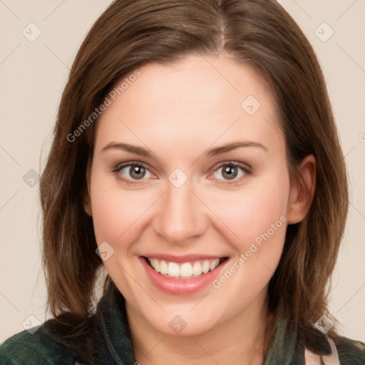 Joyful white young-adult female with medium  brown hair and green eyes